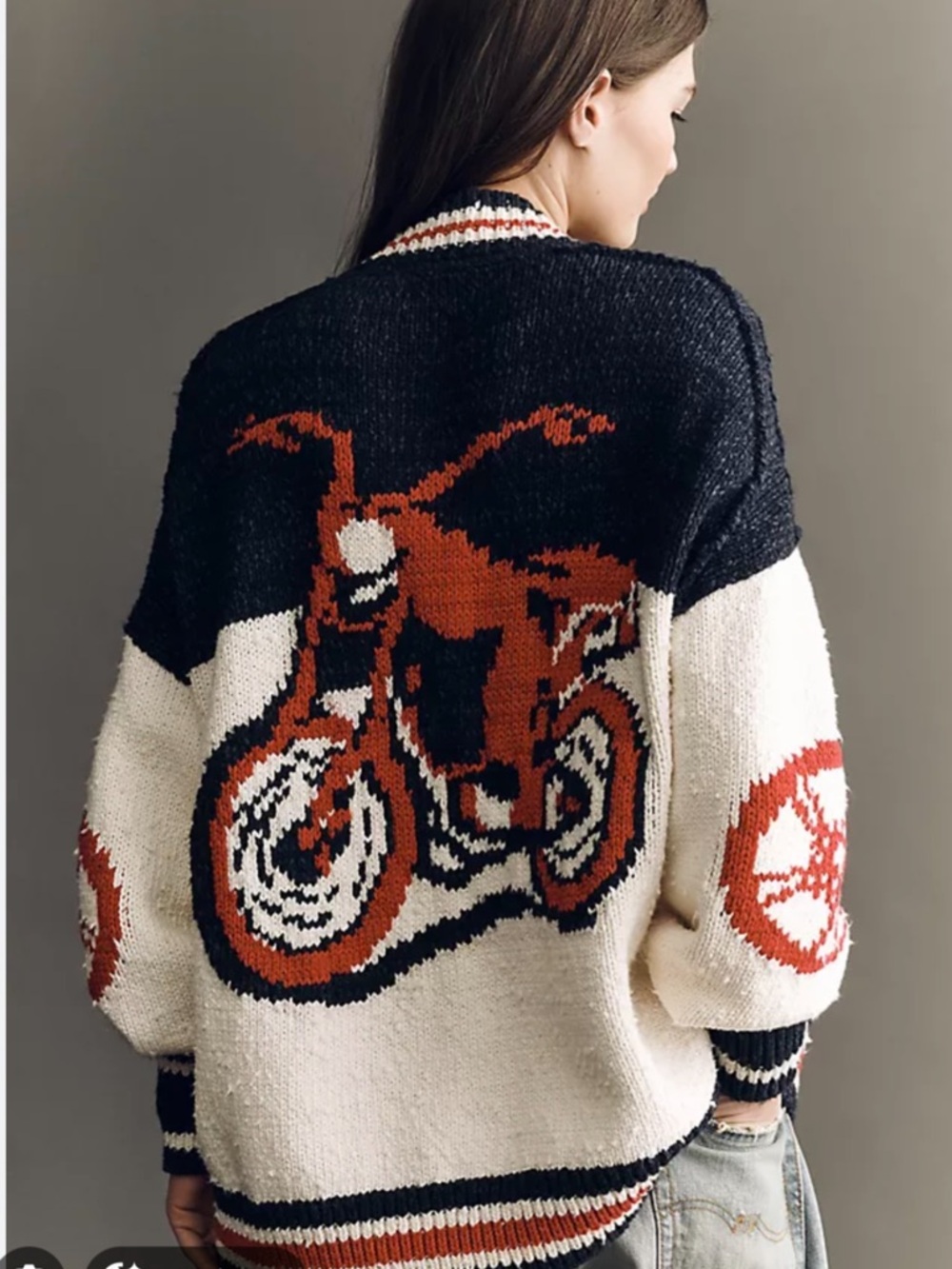 Anthropologie Black, Cream & Orange Motorcycle Intarsia Cardigan Sweater
